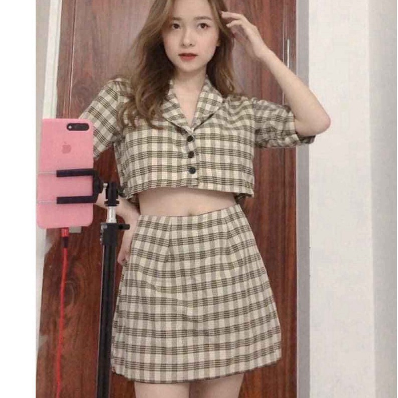 Set váy kẻ vintage / Set áo croptop mix chân váy kẻ siêu xinh