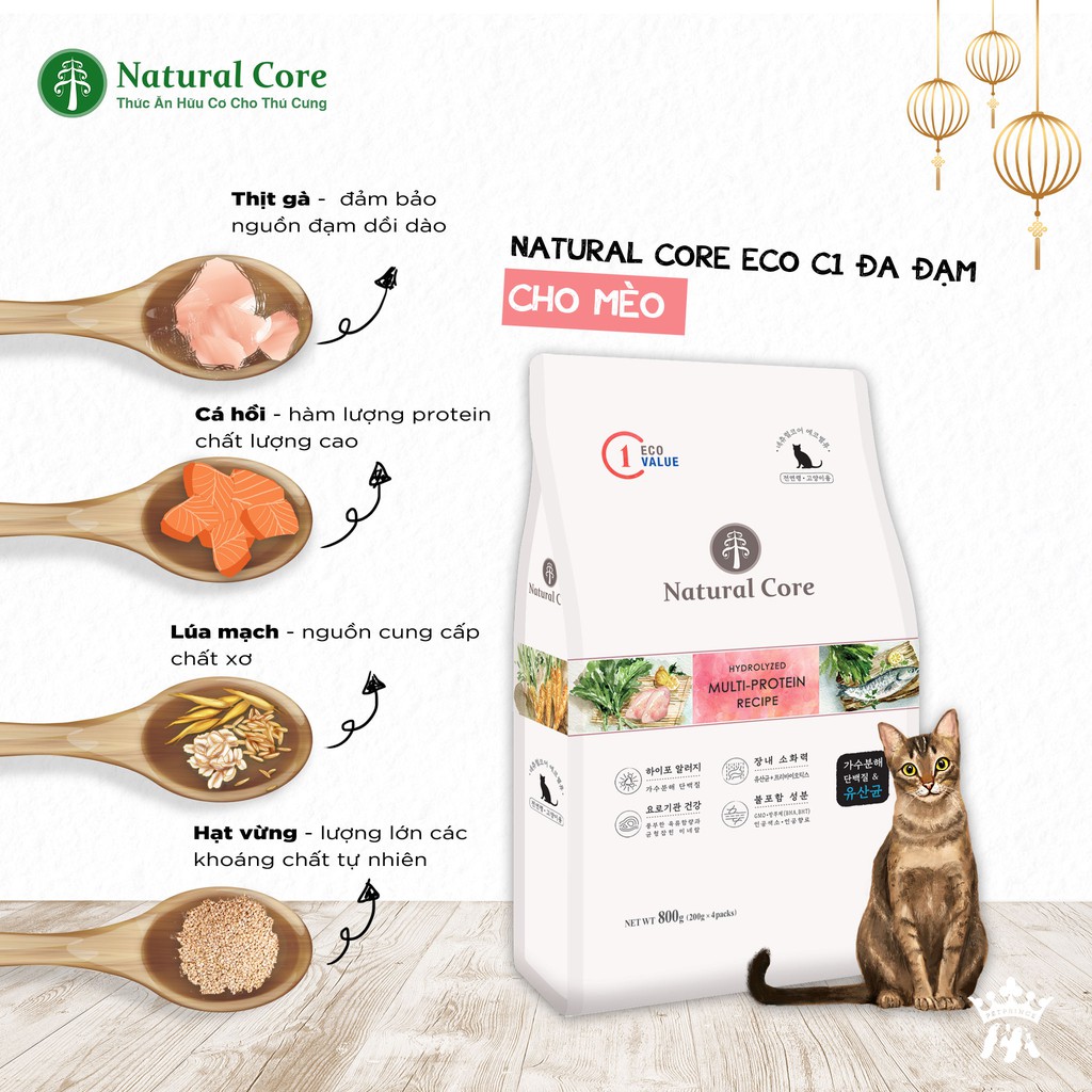 Thức ăn hữu cơ Natural Core ECOC1 cho mèo giảm 99% mùi phân túi 800g - Bivido