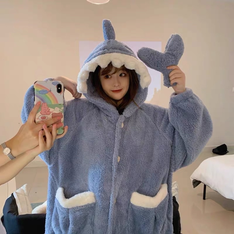 ORDER_ Váy ngủ bông cá mập xanh lông dày mịn cực ấm phong cách ulzzang nặng động cho mùa đông không lạnh