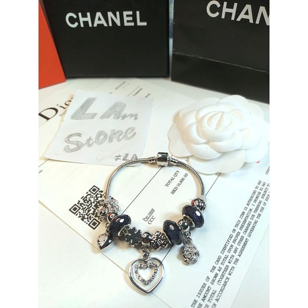Vòng tay/Lắc tay Charm Pandora đính đá mạ bạc có chốt mở