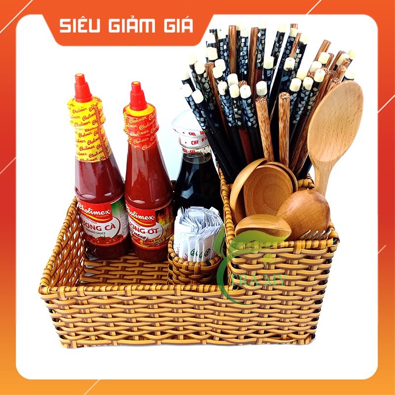 Khay đựng đũa muỗng chữ nhật nhựa mây dành cho quán ăn, khay đũa muỗng nhà hàng, gia đình - Mây Tre Trà My
