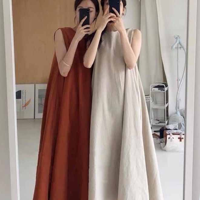 Váy maxi xuông đũi trơn sát nách 3 màu - Đầm suông dáng rộng đũi mát dạo phố ảnh thật