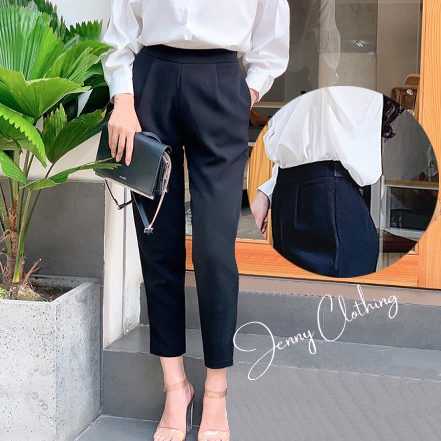Quần tây lưng thun nữ chun sau khóa kéo sườn hông màu đen dáng dài ống đứng vải tuyết mưa- Mặc đi làm công sở học