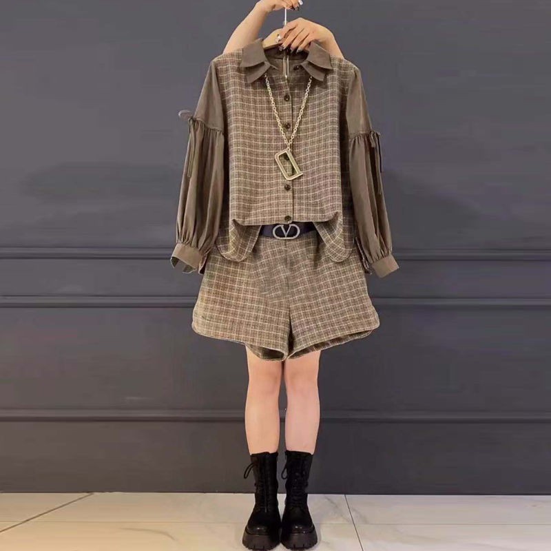 Set Áo Dáng Rộng + Quần Short Lưng Cao Kẻ Sọc Caro Thời Trang Phương Tây Trẻ Trung Cho Nữ hfbw002.my10.9