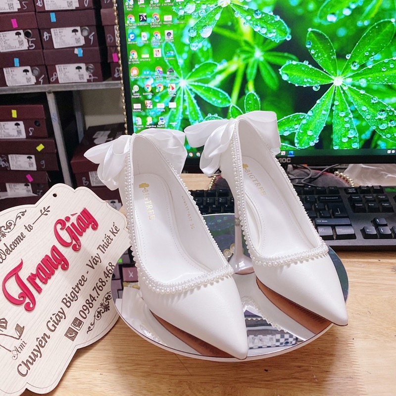 GIÀY CƯỚI THIẾT KẾ NƠ NGỌC, GIÀY CÔ DÂU, GIÀY DỰ TIỆC 7CM