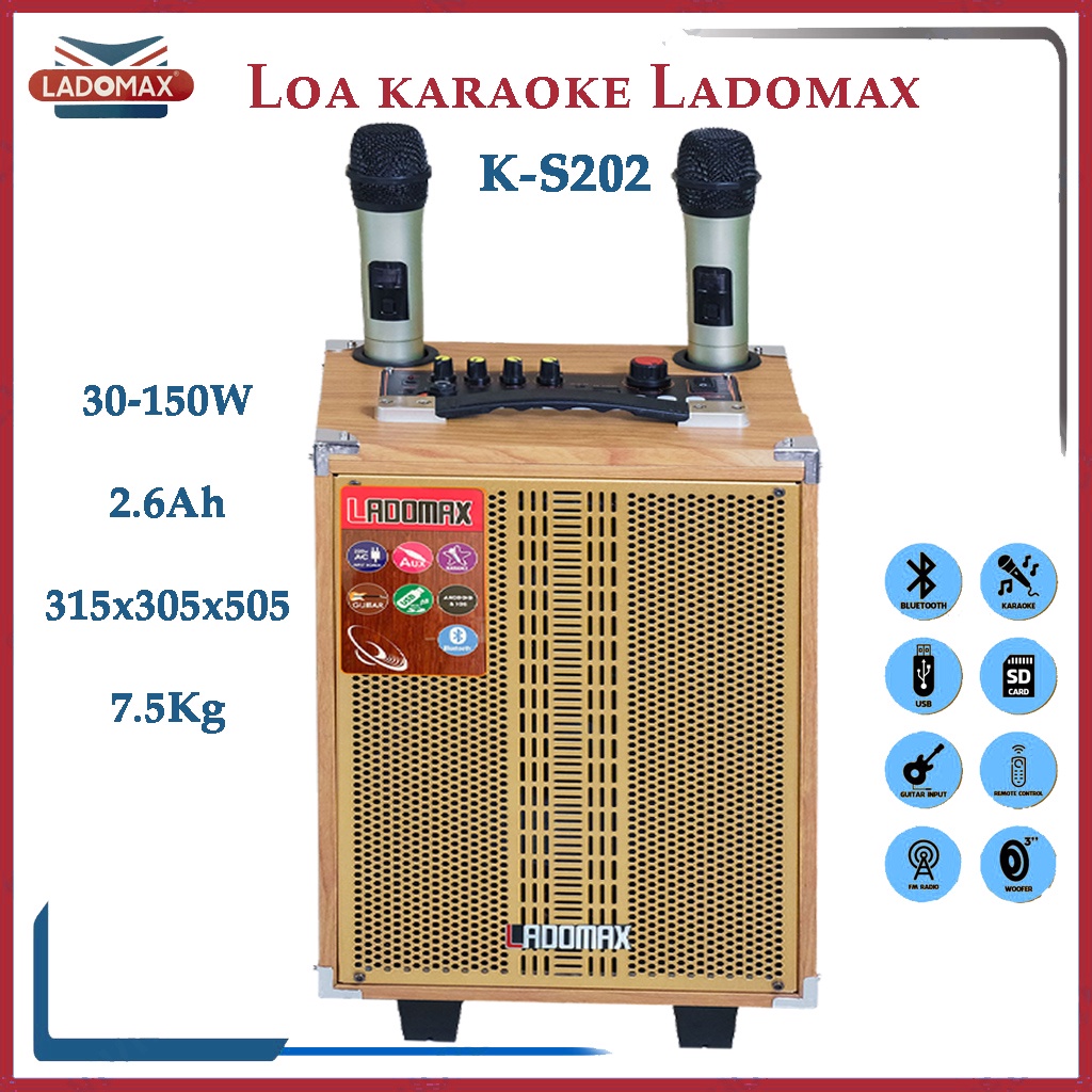 Loa kéo Bluetooth Ladomax K-S202 - 150W kèm 2 mic cao cấp