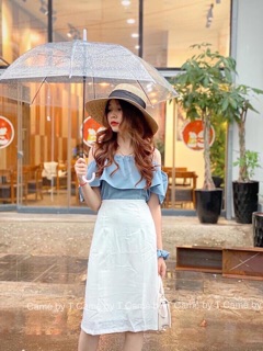 Sét bộ váy dài phối áo kiểu bèo 2 dây