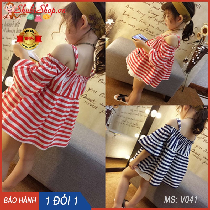 [sale] Áo váy hở vai bé gái dáng giấu quần - kẻ xanh/ kẻ đỏ - size 10-23kg - Shubishop