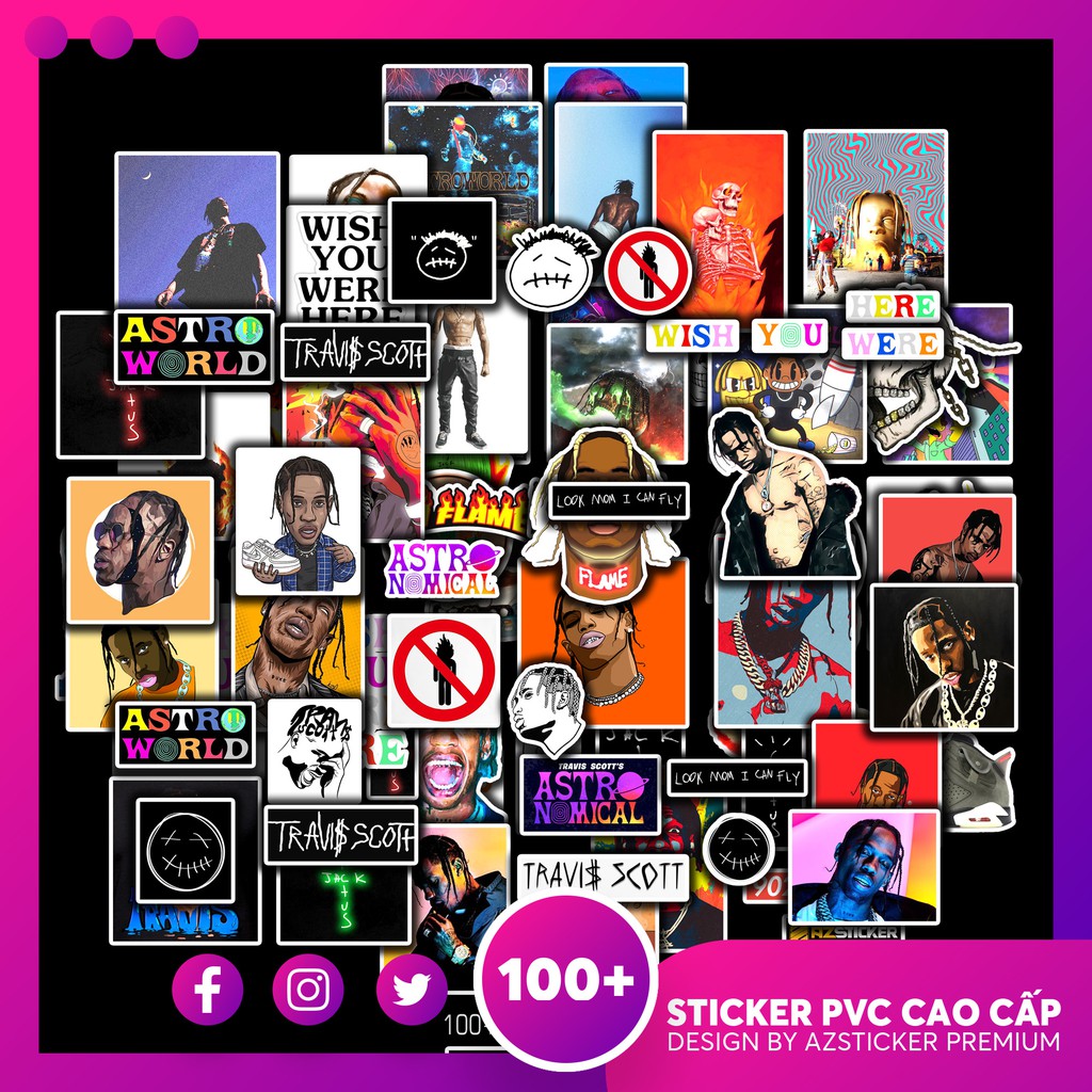 [Bán Sỉ ] Set 50 Sticker Chống Nước Chủ Đề Rapper Travis Scott Dán Mũ Bảo Hiểm