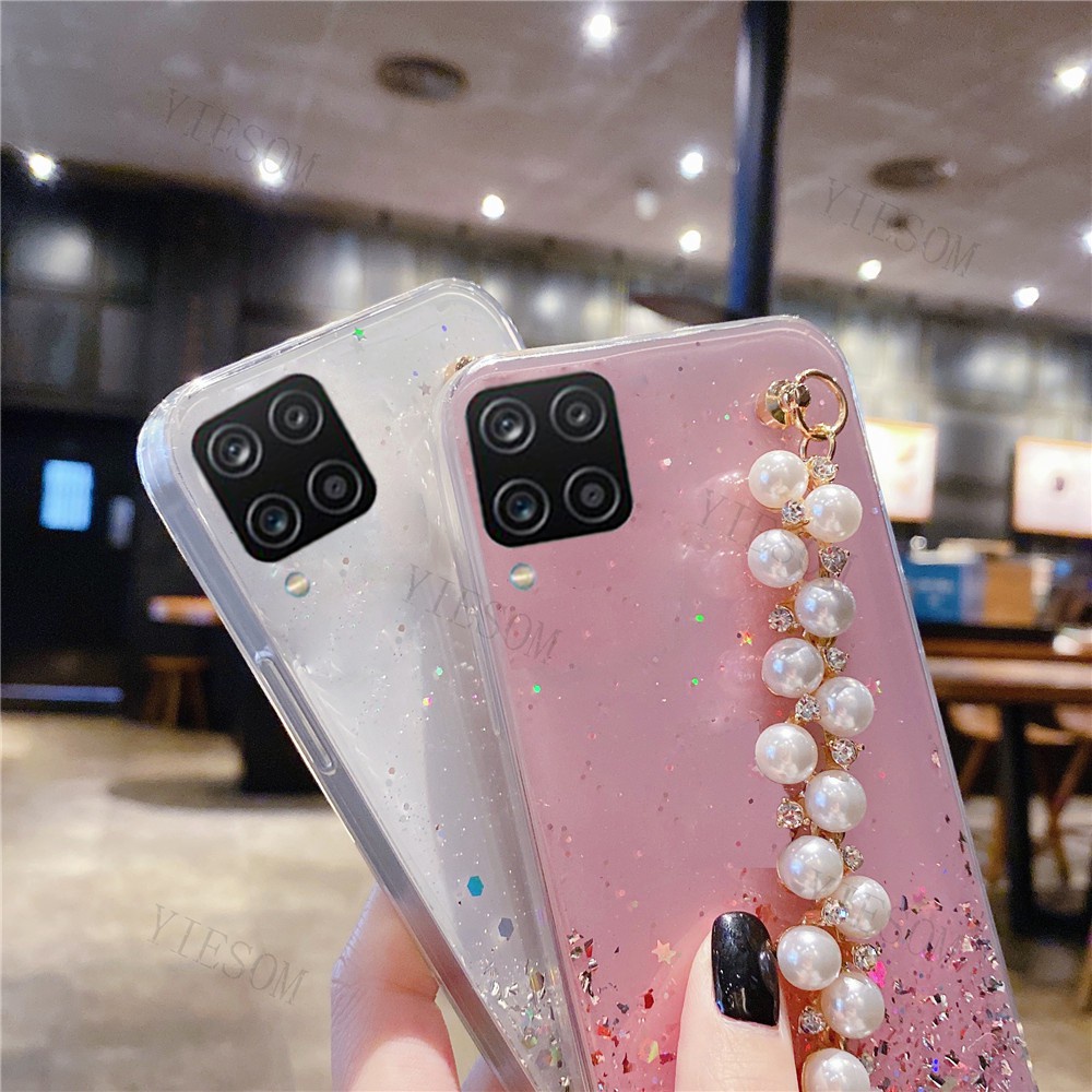 Ốp điện thoại silicon mềm kim tuyến lấp lánh có vòng đeo tay ngọc trai cho Samsung Galaxy A12 A42 5G