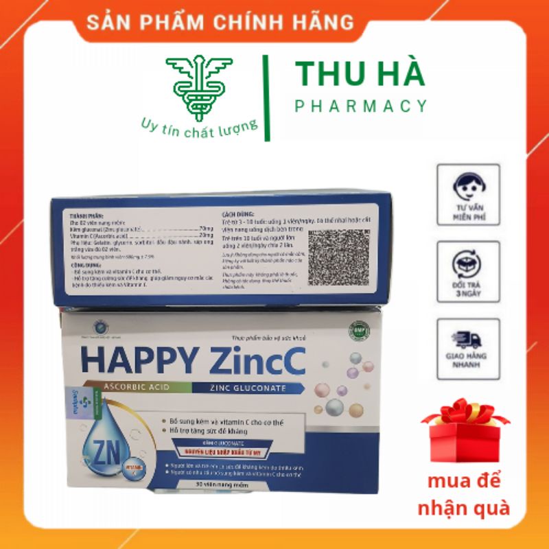 Happy Zincc bổ sung kẽm và vitamin C hỗ trợ tăng sức đề kháng - (Hộp 30 viên)