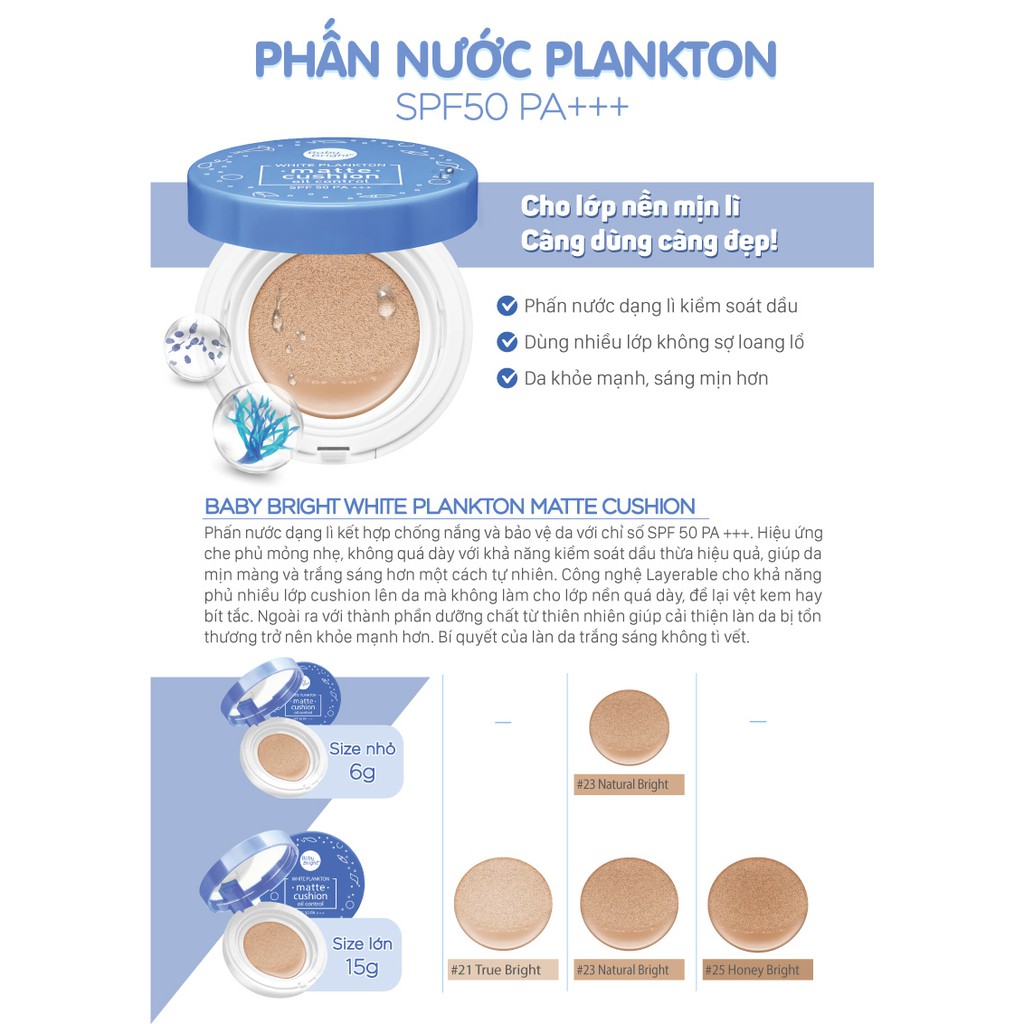 [Date 10/2021] Phấn nước dạng lì Baby Bright White Plankton Matte Cushion SPF50 PA+++ 15g | BigBuy360 - bigbuy360.vn