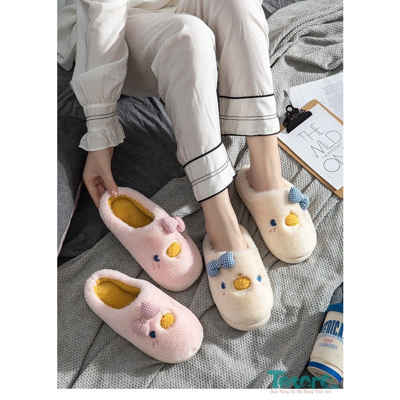 Dép bông lông mịn Vịt Con đeo nơ
