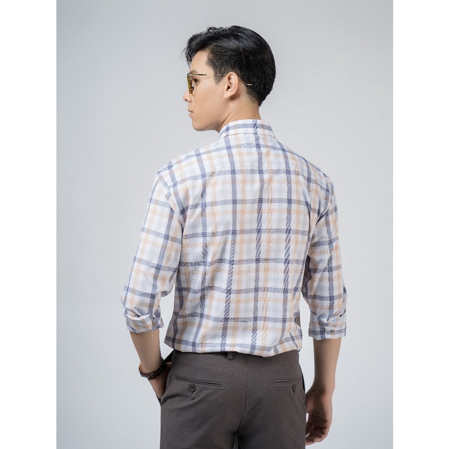 Áo sơ mi nam dài tay OWEN AR220126DT somi công sở vải sợi tre cao cấp màu kẻ caro cam ghi dáng suông tà lượn có túi
