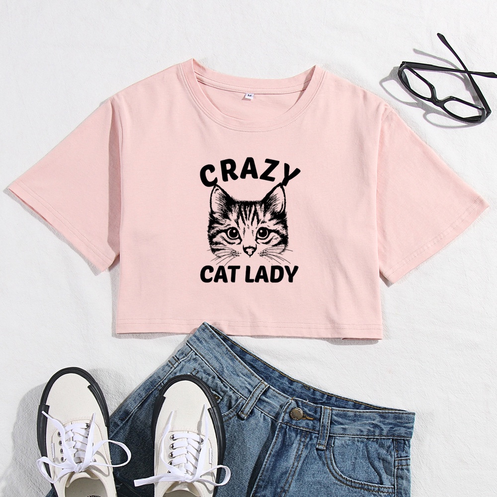 Áo Thun Crotop Form Rộng Tay Ngắn Chất Cotton Mền Mại In Hình Crazy Cat Lady Ulzzang Style Hàn Quốc TTT0129