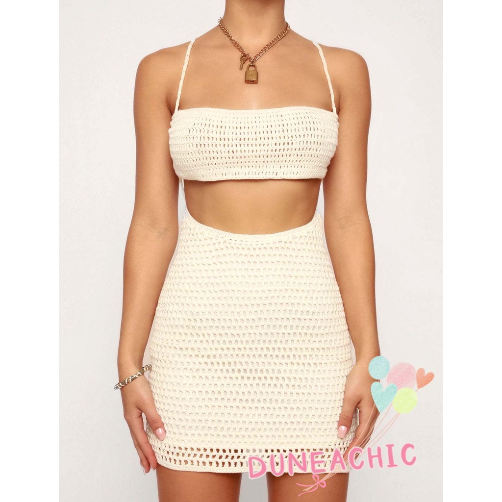 DUNEA Bộ Áo Tank Top + Chân Váy Dệt Kim Lưng Cao Xinh Xắn Dành Cho Nữ