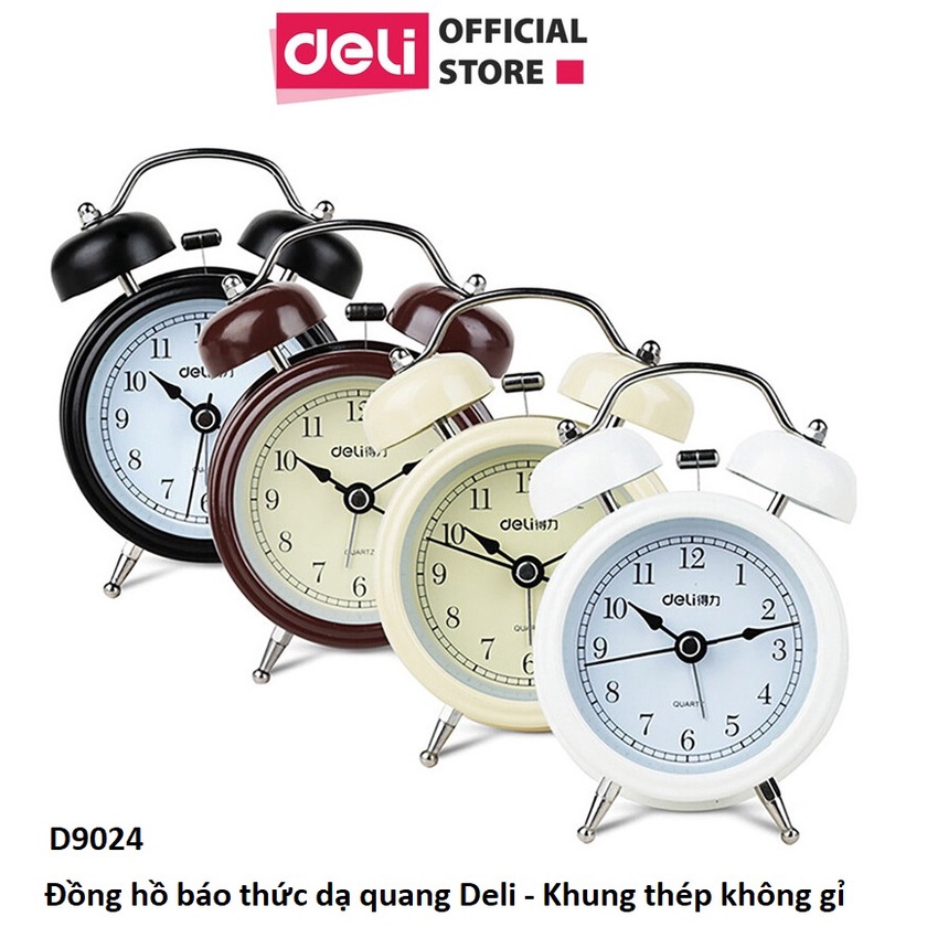 Đồng hồ báo thức kim loại Deli -Chuông đôi kêu to,quét không gây tiếng ồn, thời gian chính xác -9035,9024,8802- Diệp Lạc