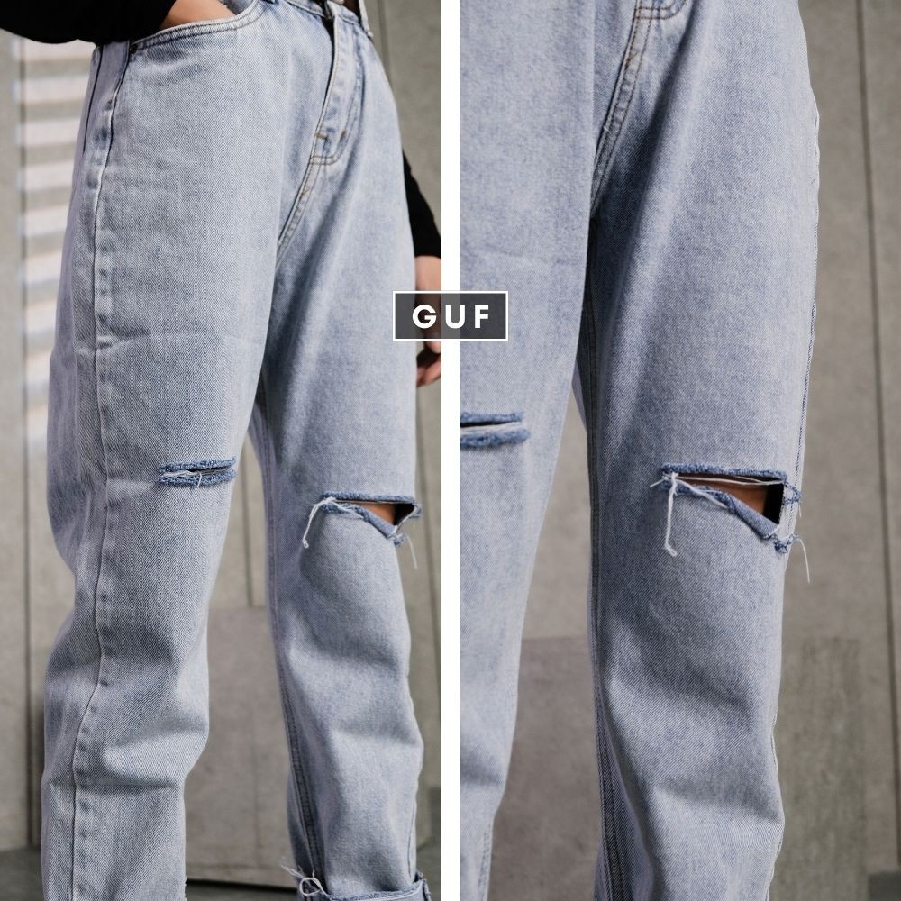 Quần Jean Nữ Dáng Baggy Thương Hiệu GUF Cạp Cao Có Thêm Bản Rách Gối Đơn Giản GUF | BigBuy360 - bigbuy360.vn