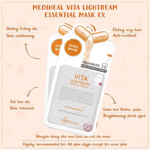 Hộp 10 Mặt Nạ MEDIHEAL Làm Trắng Sáng Da Tức Thì VITA Lightbeam Essential Mask Ex 24ml x 10