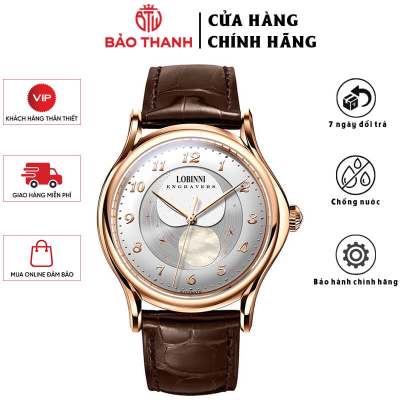 Đồng Hồ Nam LOBINNI No.1810 Chính Hãng BH 24T Chịu Nước 50m Kính Chống Xước Dây Da Cao Cấp (Máy Cơ Tự Động)