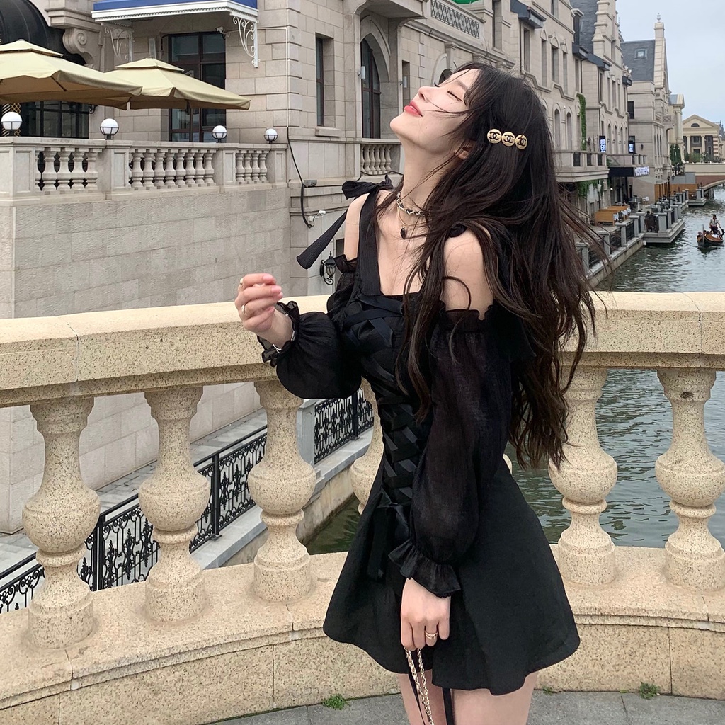 Đầm Xòe Hở Vai Cùng Tay Phồng Dáng Ngắn Thiết Kế Dây Thắt Nơ Phía Trước Siêu Đẹp