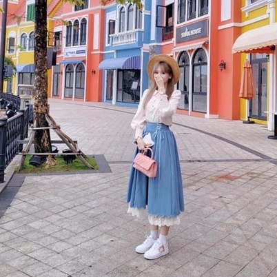 (Hàng quảng châu-taobao) Set xinh giống Chị Hari mặc set áo trắng mix chân váy vintage cạp cao đan dây phong cách pháp