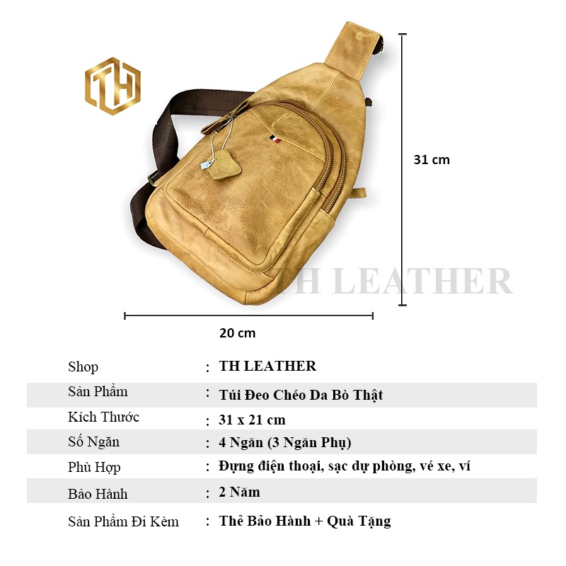 Túi Đeo Chéo Nam Da Bò Thật, Túi Đeo Trước Ngực Thời Trang Nam - BH 24 Tháng