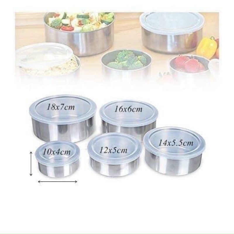 Bộ 5 bát inox đựng thực pphẩm kèm nắp
