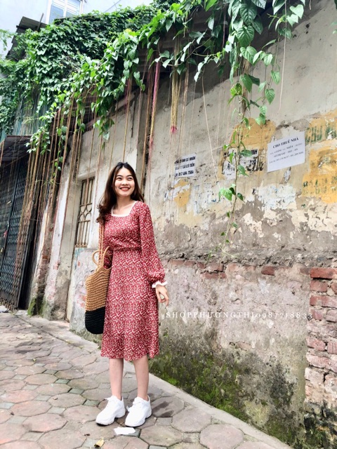 Váy hoa nhí cổ vuông dài tay- váy tiểu thư vintage (hình shop tự chụp/sẵn) | BigBuy360 - bigbuy360.vn