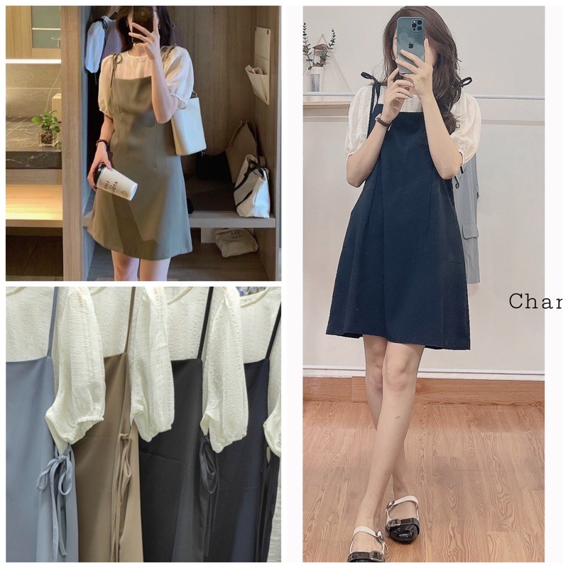 Set yếm lụa dáng ngắn dây cột nơ