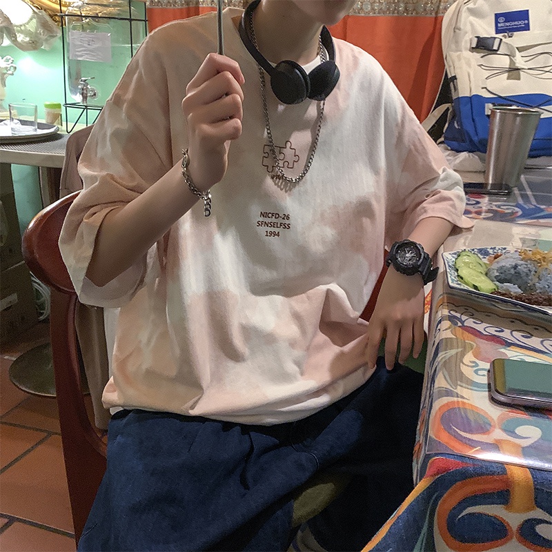 Áo Thun Tay Ngắn Cổ Tròn Form Rộng Nhuộm Màu Phong Cách Harajuku Cho Nam Size M-5Xl