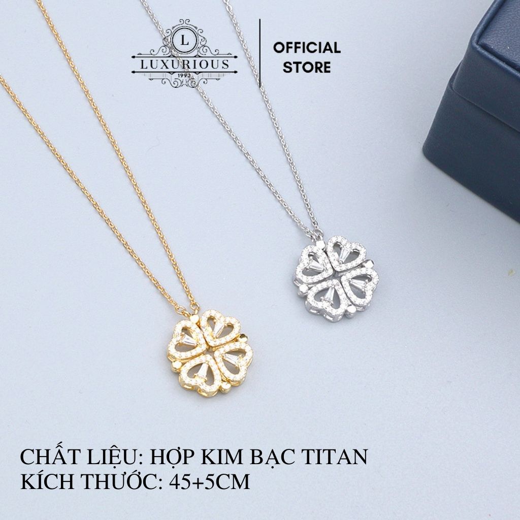 Vòng cổ hợp kim bạc titan Lux Jewelry, dây chuyền nữ cỏ 4 lá đeo 2 kiểu trái tim – LUXJ923