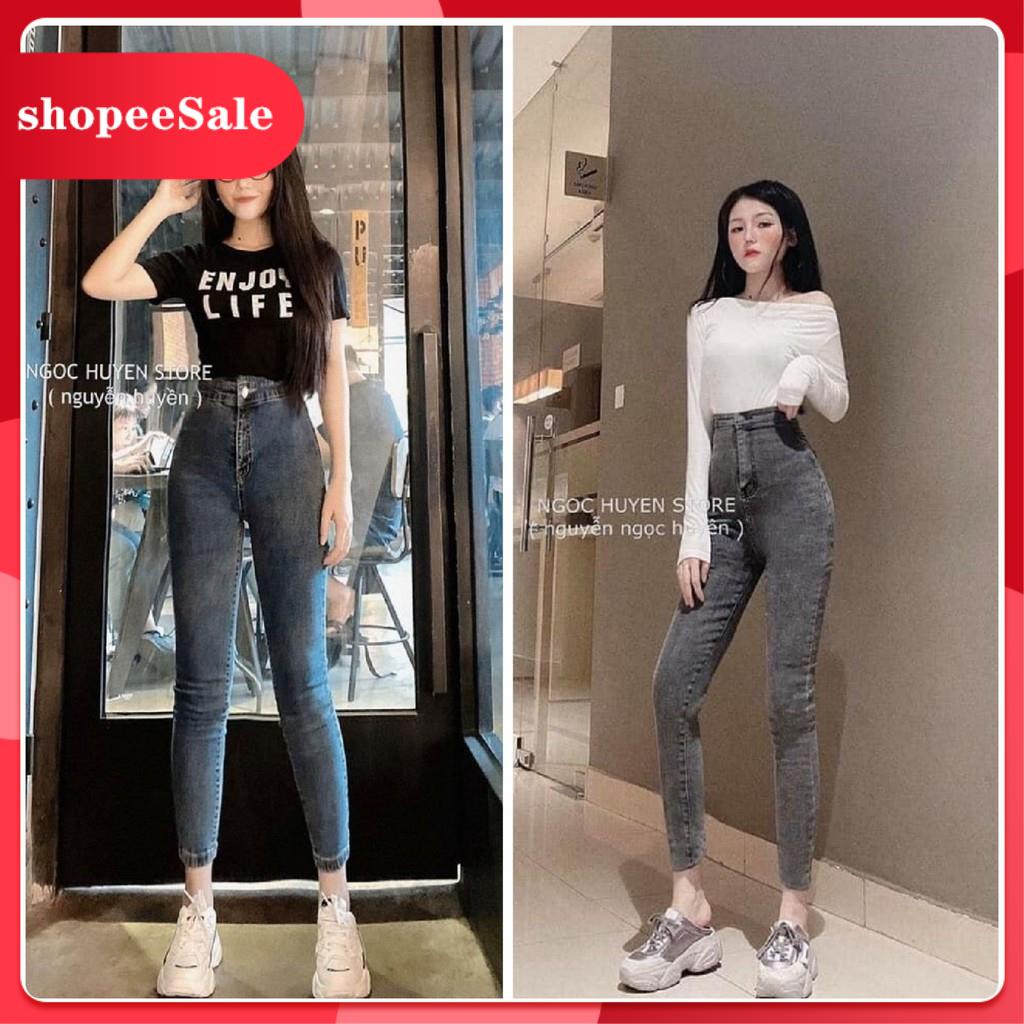 Quần skinny khói cạp cao 💖FREESHIP💖 Quần jeans nữ ôm giãn 1 khuy hack dáng AD25