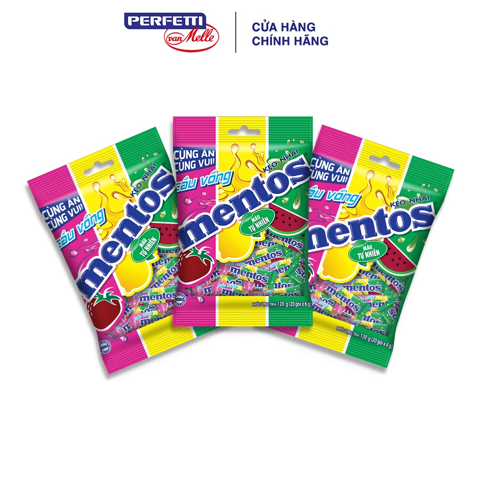 Combo 3 gói Kẹo nhai Mentos Cầu Vồng 3 Viên Hương Trái Cây (Gói 120g)