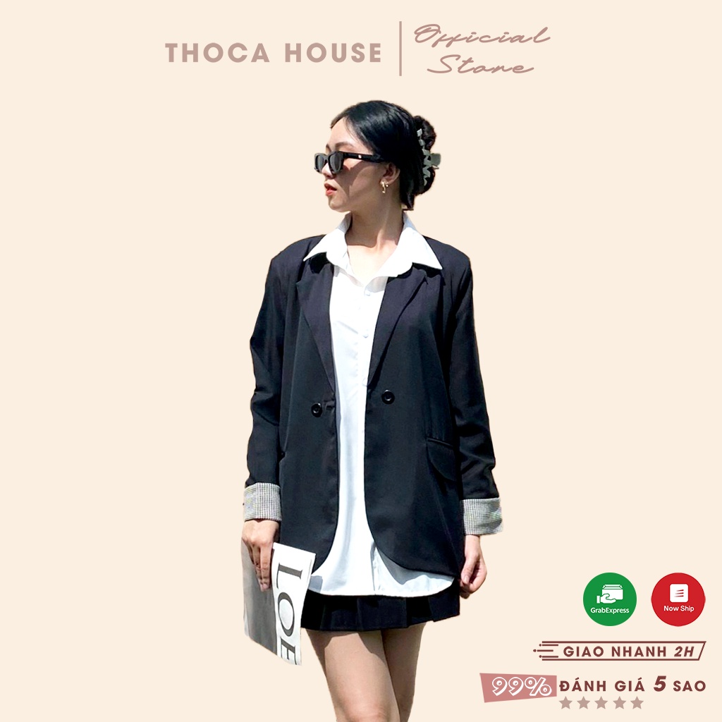 Áo khoác vest công sở blazer Hàn Quốc 2 lớp tay áo phối kiểu caro THOCA HOUSE đen, nude trưởng thành