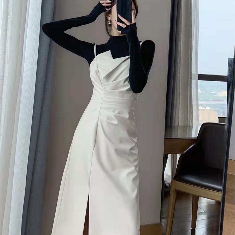 Set đầm hai dây dài màu be phong cách Pháp thời trang mùa thu cho nữ