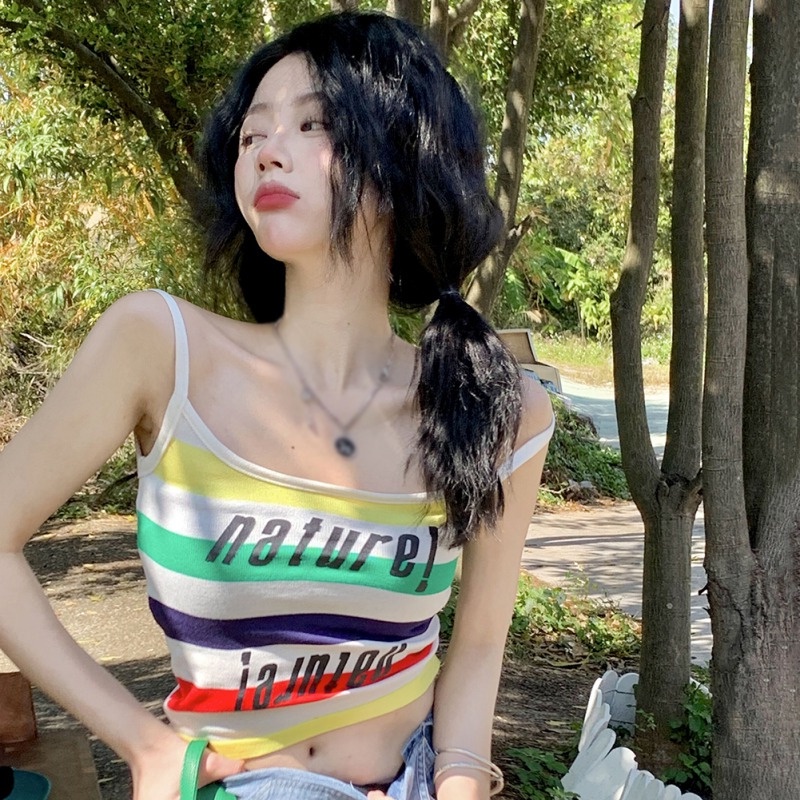 Áo Croptop Dệt Kim Sát Nách Hoạ Tiết Kẻ Sọc Thời Trang Mùa Hè Cho Phái Nữ