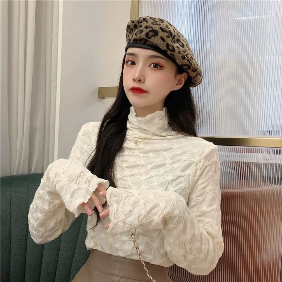 Áo Thun Tay Dài Cổ Cao Xếp Ly Dáng Ôm Thời Trang Hàn Quốc Cho Nữ