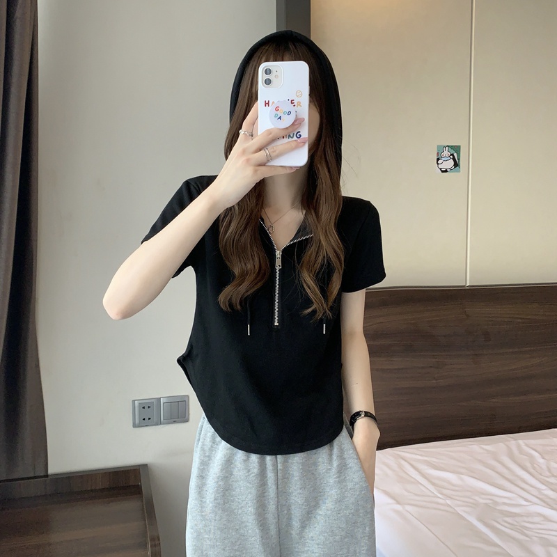 Áo Thun Tay Ngắn Có Mũ Trùm Đầu Màu Sắc Đơn Giản Dành Cho Nữ