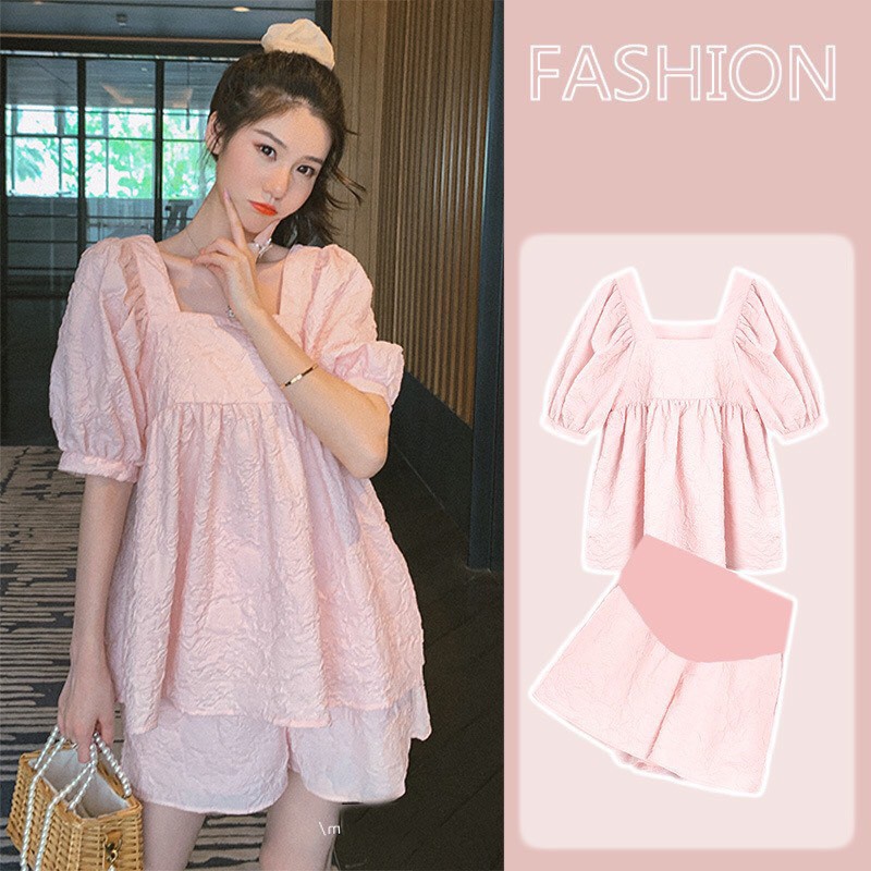 SET BỘ Bầu hồng Babydoll đũi nhăn (cả quần )cho mẹ bầu( 43~70kg)