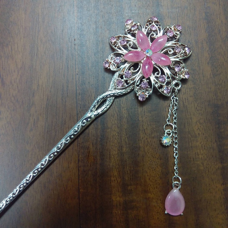 Trâm cài tóc đính đá họa tiết hoa tròn tua rua vintage