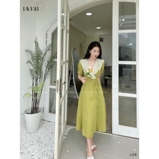 Váy phối cổ v tơ hai lớp vạt cúc bọc