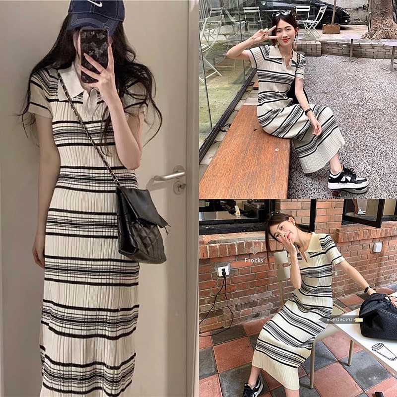 39128# Váy sọc body hàng Quảng Châu l1 dài tôn dáng