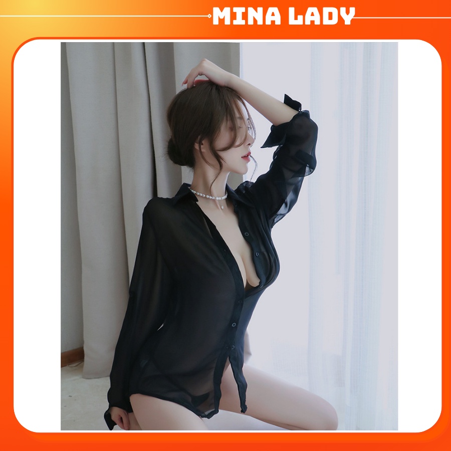 Đồ Áo Ngủ Nữ Áo Sơ Mi Ngủ Nữ Mỏng Sexy Gợi Cảm Xuyên Thấu Kèm Quần Lọt Khe Voan Mỏng Dài Tay