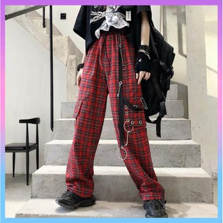 QUẦN ULZZANG ỐNG RỘNG CARO ĐỎ KÈM CHAIN DECOR SIÊU COOL - ORDER 10 NGÀY bm42