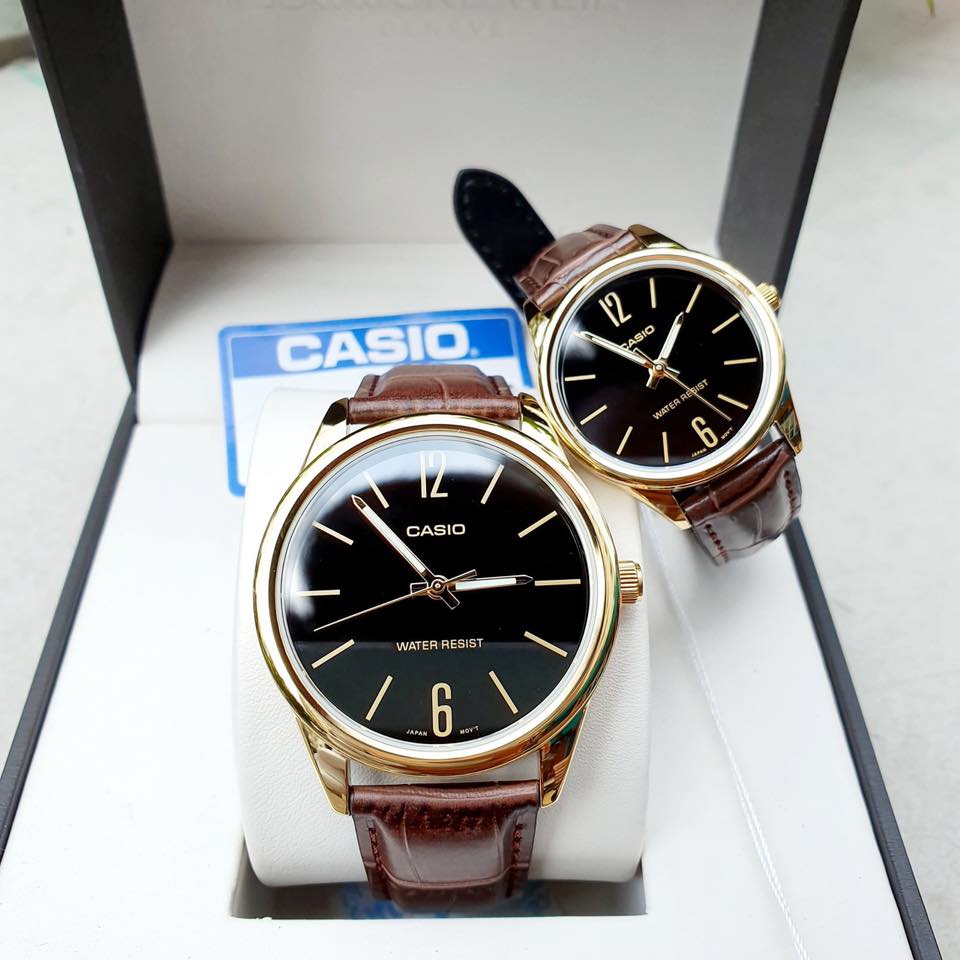 Đồng hồ Nữ Casio LTP-V005GL-1B, đồng hồ chính hãng, dây da nâu mặt đen