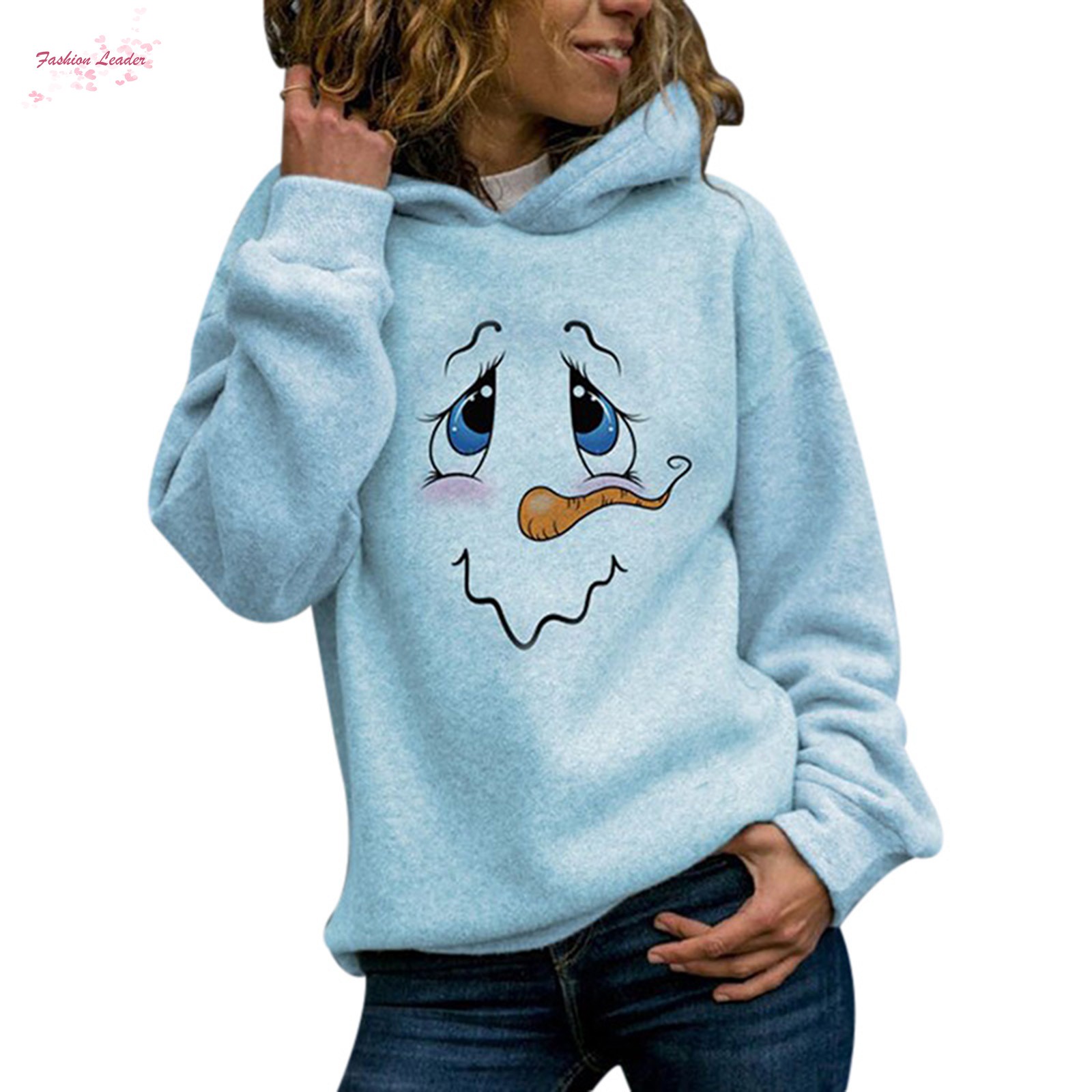 Snowman Face Print Long Sleeve Hoodies Women Men Casual Warm Hooded Sweatshirt