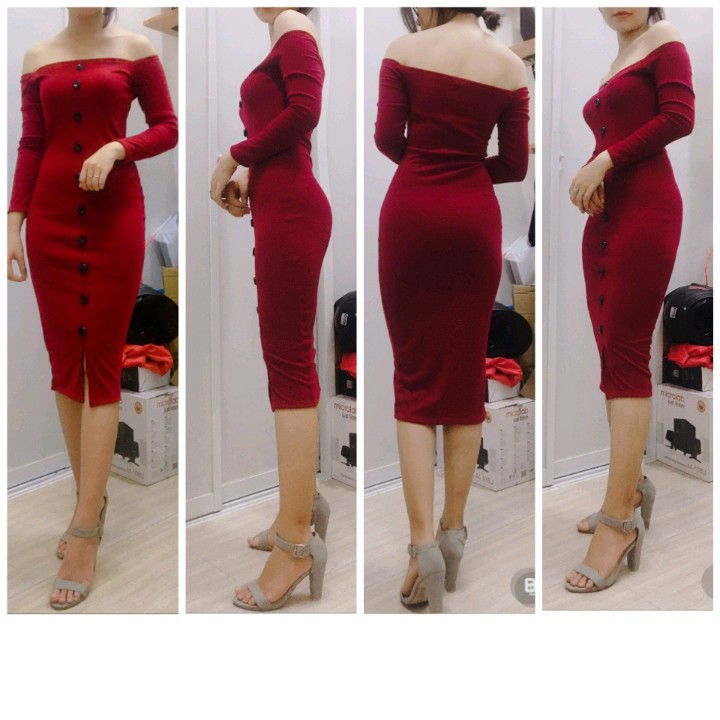 LH03 - Đầm Body Trễ Vai Tay Dài Nút Giữa | BigBuy360 - bigbuy360.vn