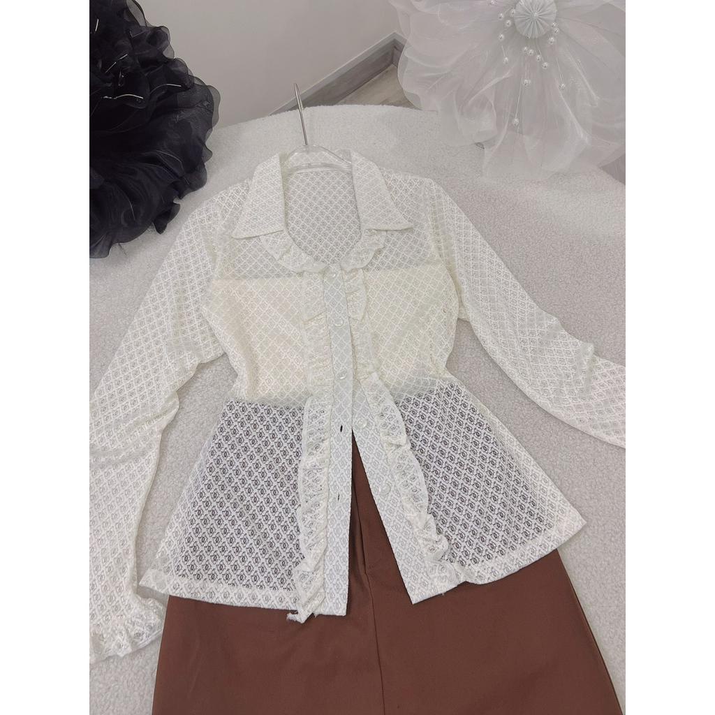 Set áo sơ mi trắng ren tay dài bèo + chân váy nâu chữ A