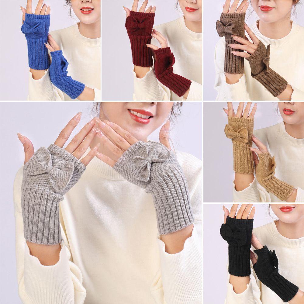 Găng Tay Dệt Kim Mềm Mại Giữ Ấm Cánh Tay Màu Kẹo Thắt Nơ